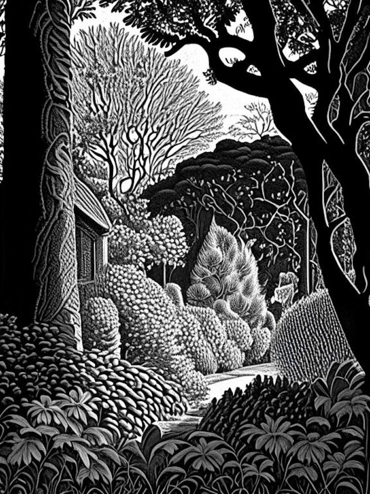 Dumbarton Oaks, Usa Linocut Black And White Vintage