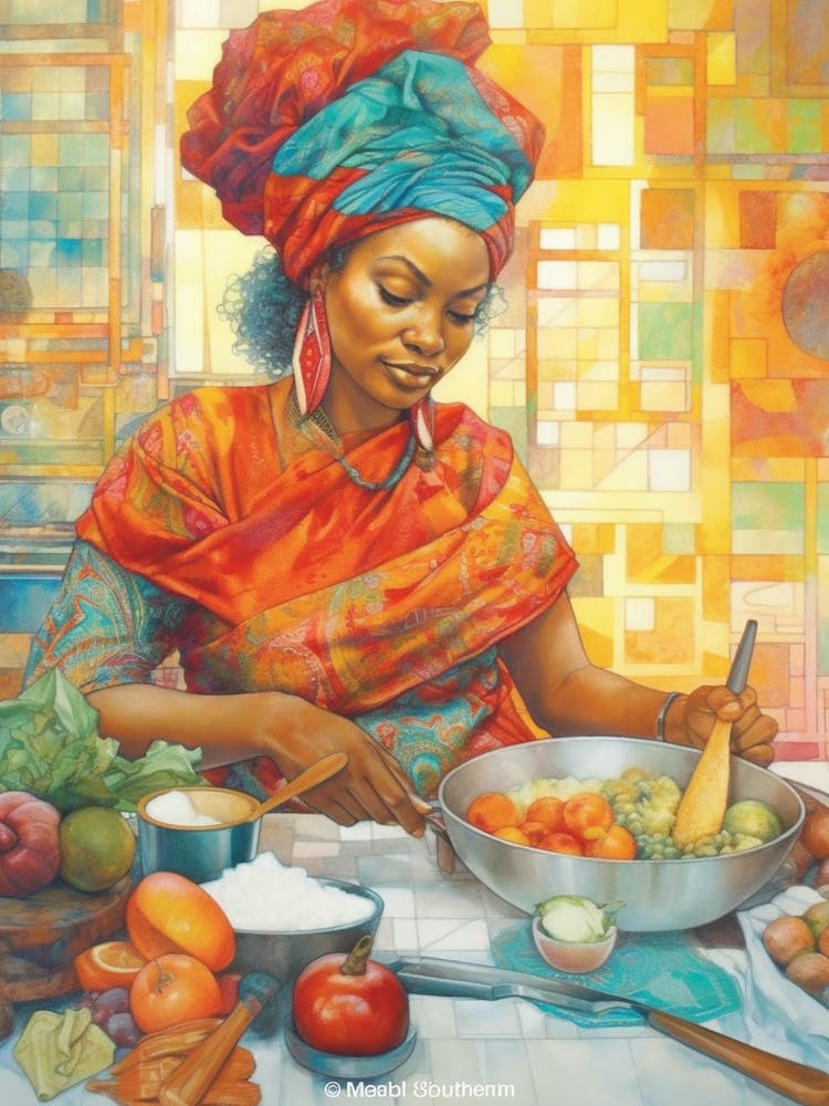 Afro Cooking Pencil Drawing Patchwork 7