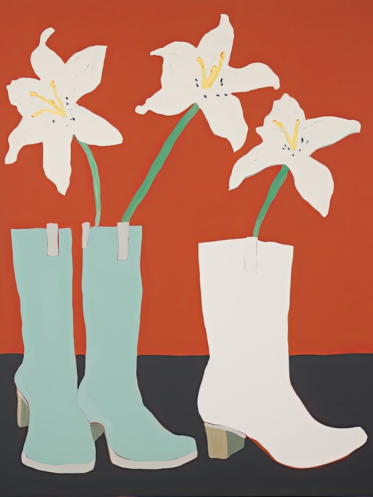 A Painting Of Cowboy Boots With White Flowers, Pop Art Style 14