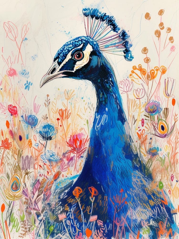 Peacock In The Meadow Scribble Portrait