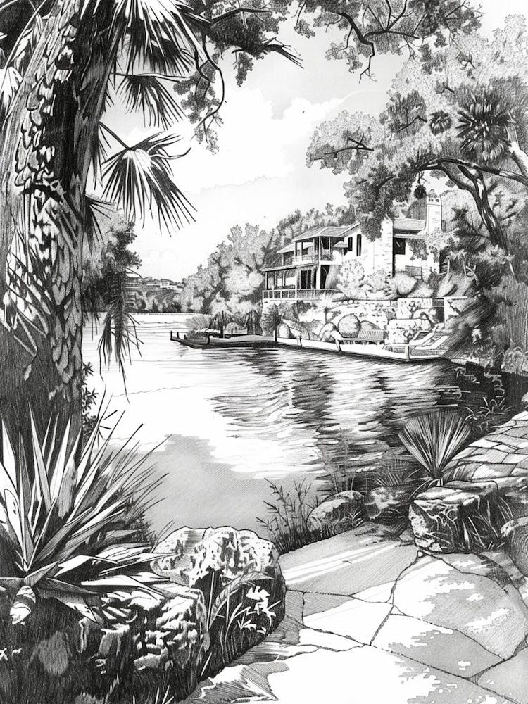 The Oasis On Lake Travis Austin Texas Black And White Drawing 2