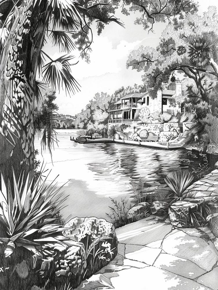 The Oasis On Lake Travis Austin Texas Black And White Drawing 2