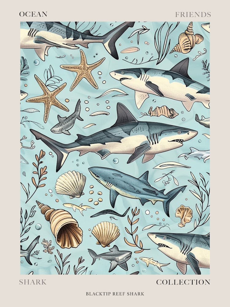 Pastel Blue Blacktip Reef Shark Watercolour Seascape Pattern 2 Poster