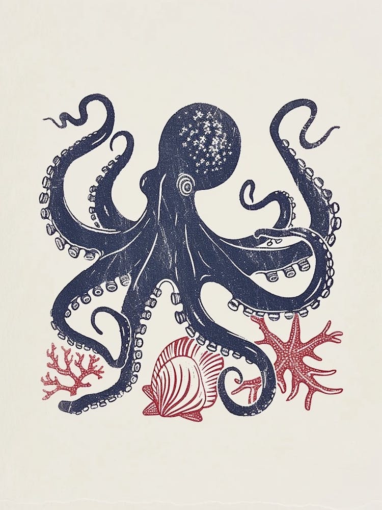 Blue Red Linocut Octopus With Shells 1