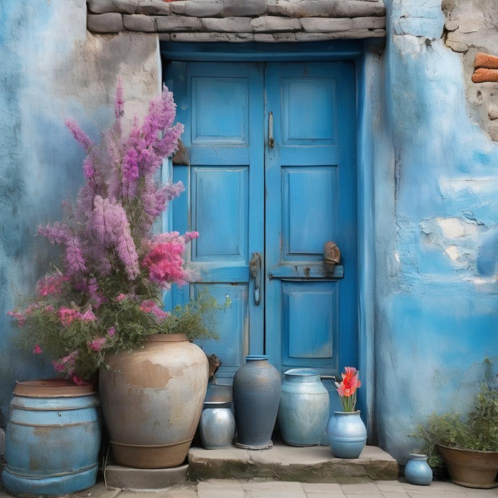 Blue wall. An old-style door in the middle, silver in color. There is a large pottery jar next to the door. There are flowers in the jar Spring oil colors. Wall painting.11