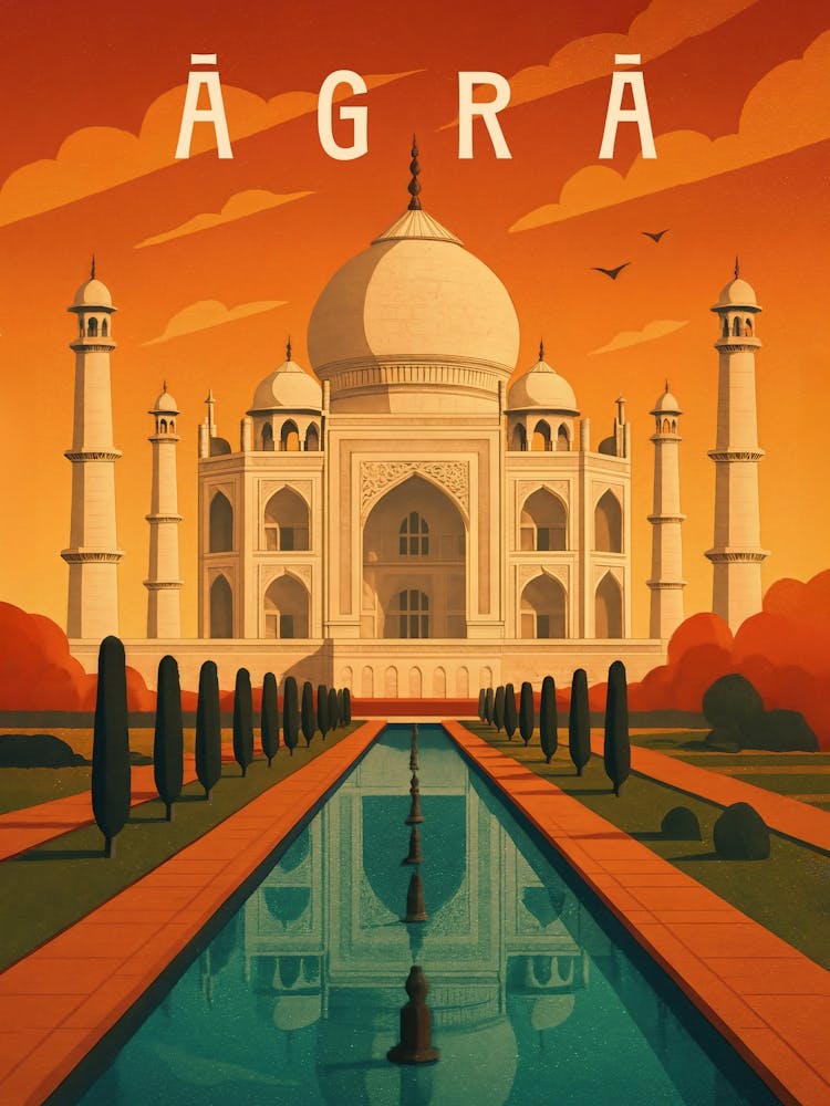 Agra Travel Poster India – Taj Mahal & Indian Majesty: Celebrate the wonder of the Taj Mahal with this Agra travel poster. Featuring perfect symmetry, Mughal architecture, and a majestic sunset glow – a timeless tribute to India’s cultural and architectural glory.