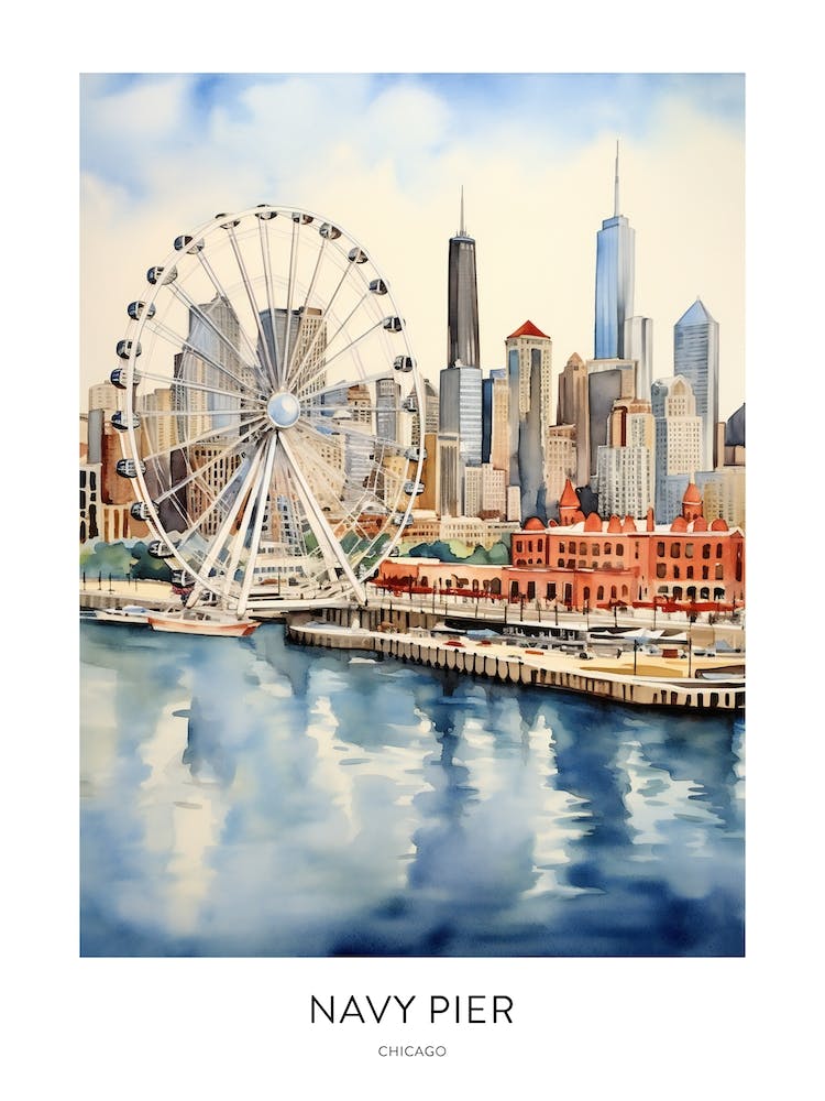 Navy Pier Chicago Watercolour Travel Poster