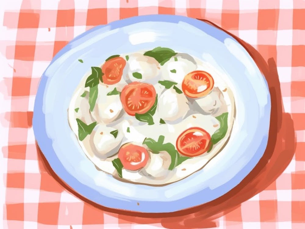 A Plate Of Caprese Salad, Top View Food Illustration, Landscape 2