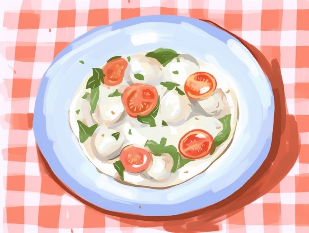 A Plate Of Caprese Salad, Top View Food Illustration, Landscape 2