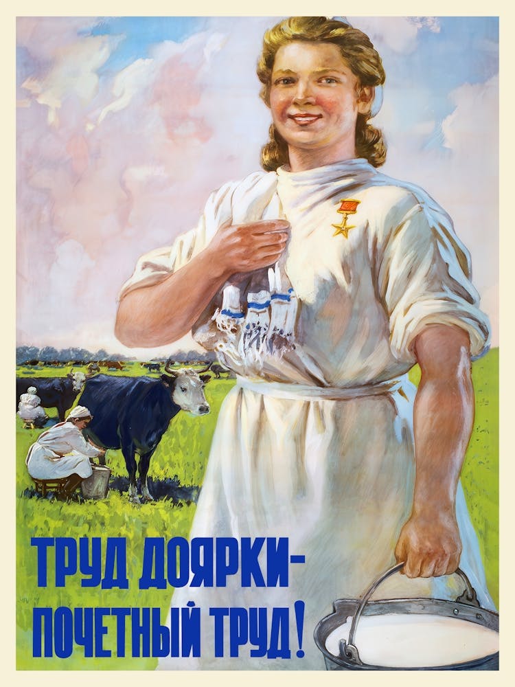 Soviet milkmaid, USSR 1950s — Soviet vintage food poster, kitchen prints, retro art print, propaganda poster
