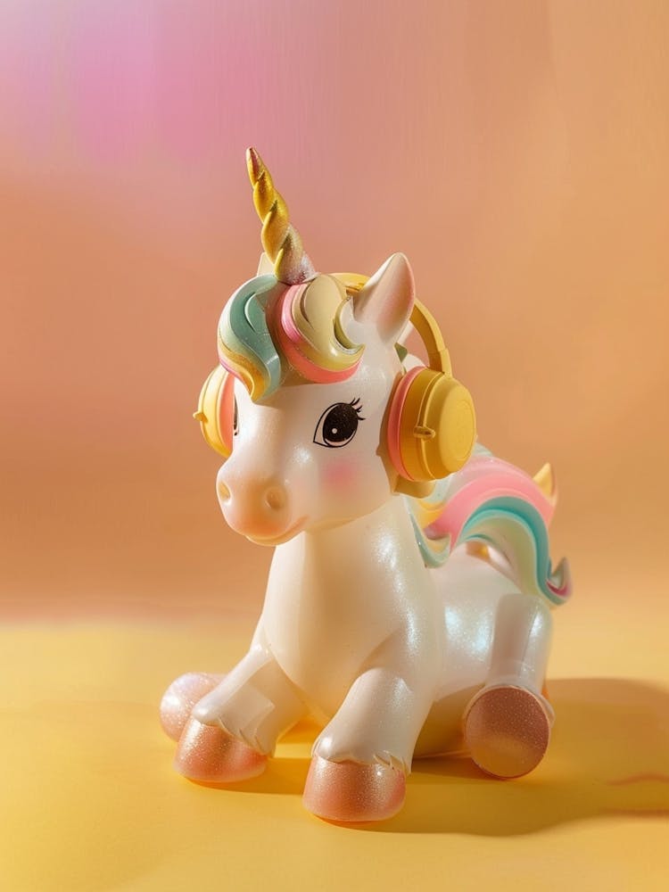 Licorne Jouet Écoutant De La Musique Avec Des Écouteurs Jaune Pastel