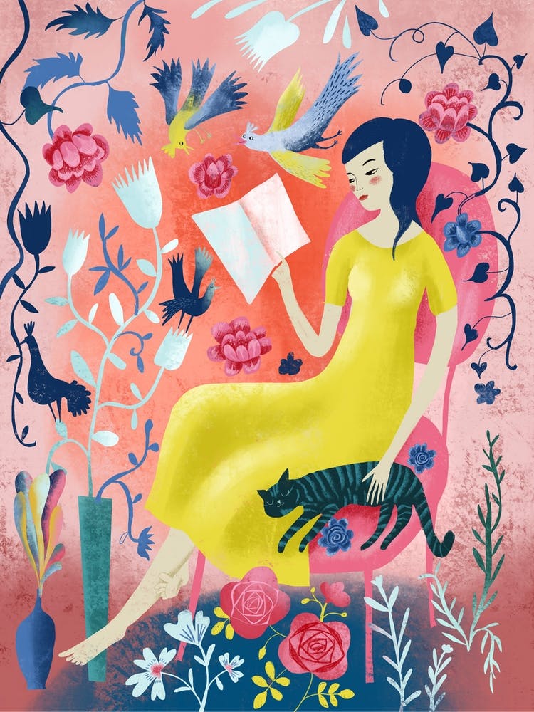 Woman Reading With Cat