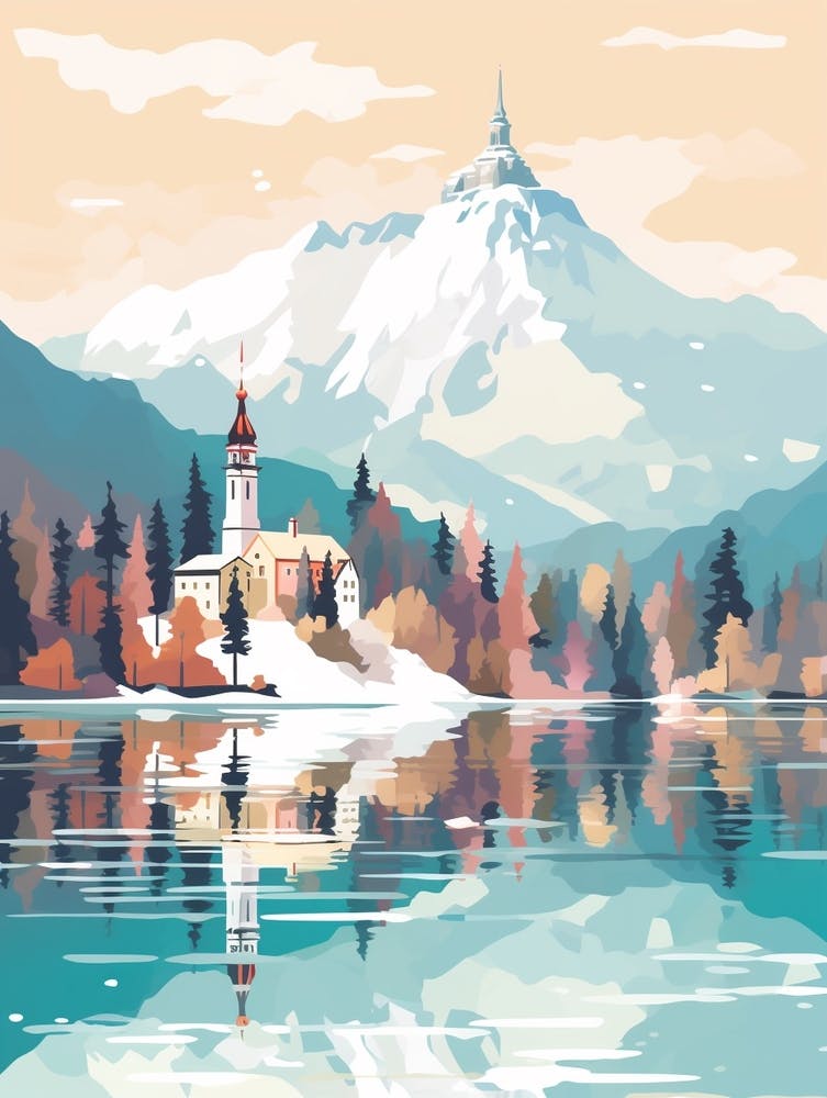 Vintage Winter Travel Illustration Lake Bled Slovenia 3
