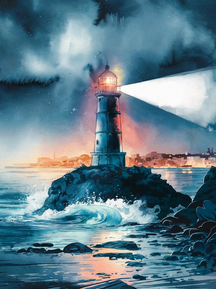 Lighthouse At Night, Anime Art Lofi 1