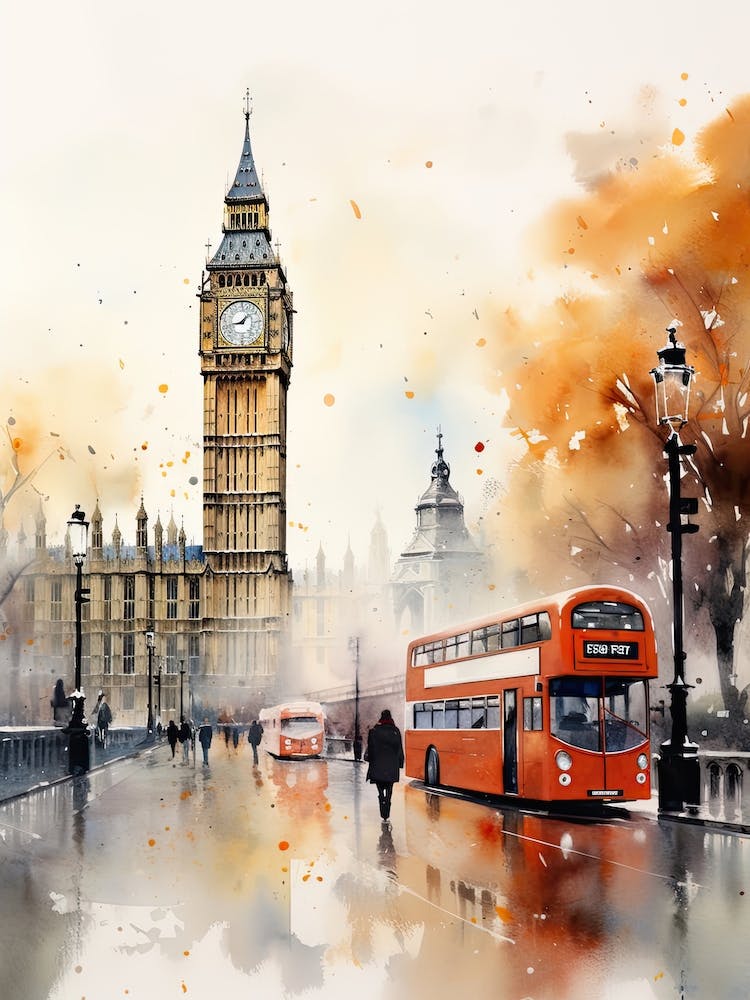 London United Kingdom In Autumn Fall, Watercolour 4