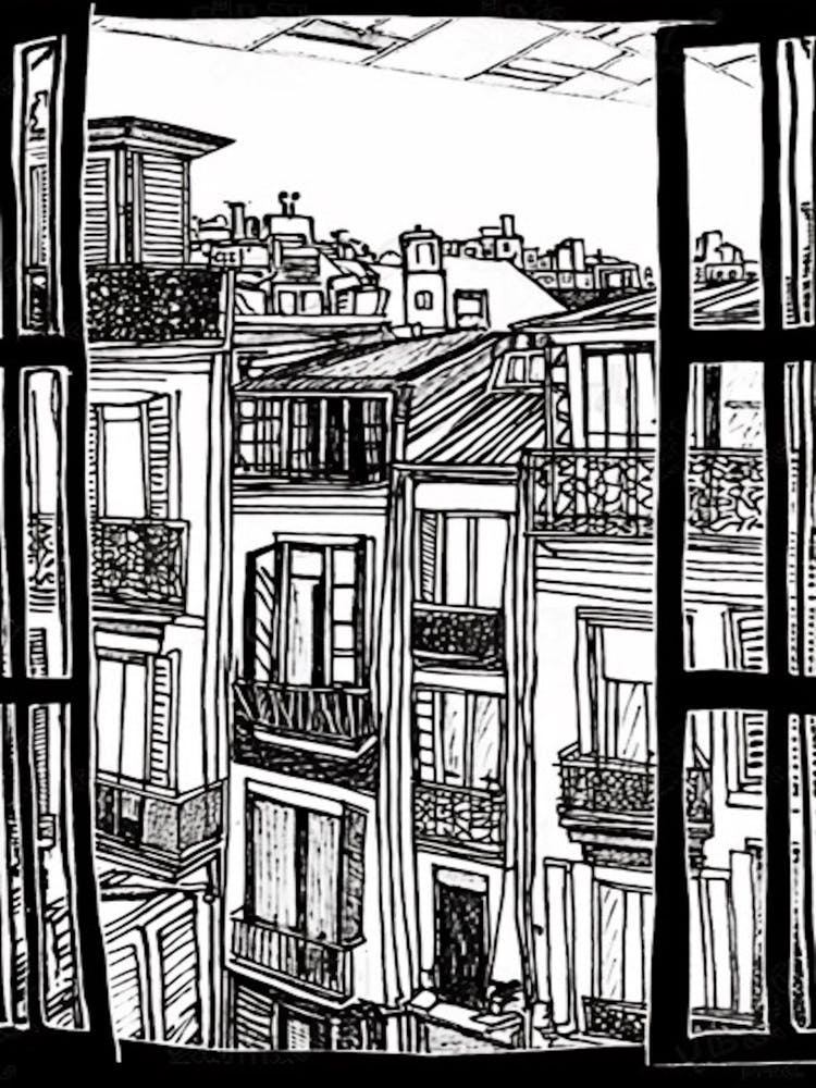 A Window View Of Buenos Aires In The Style Of Black And White  Line Art 2