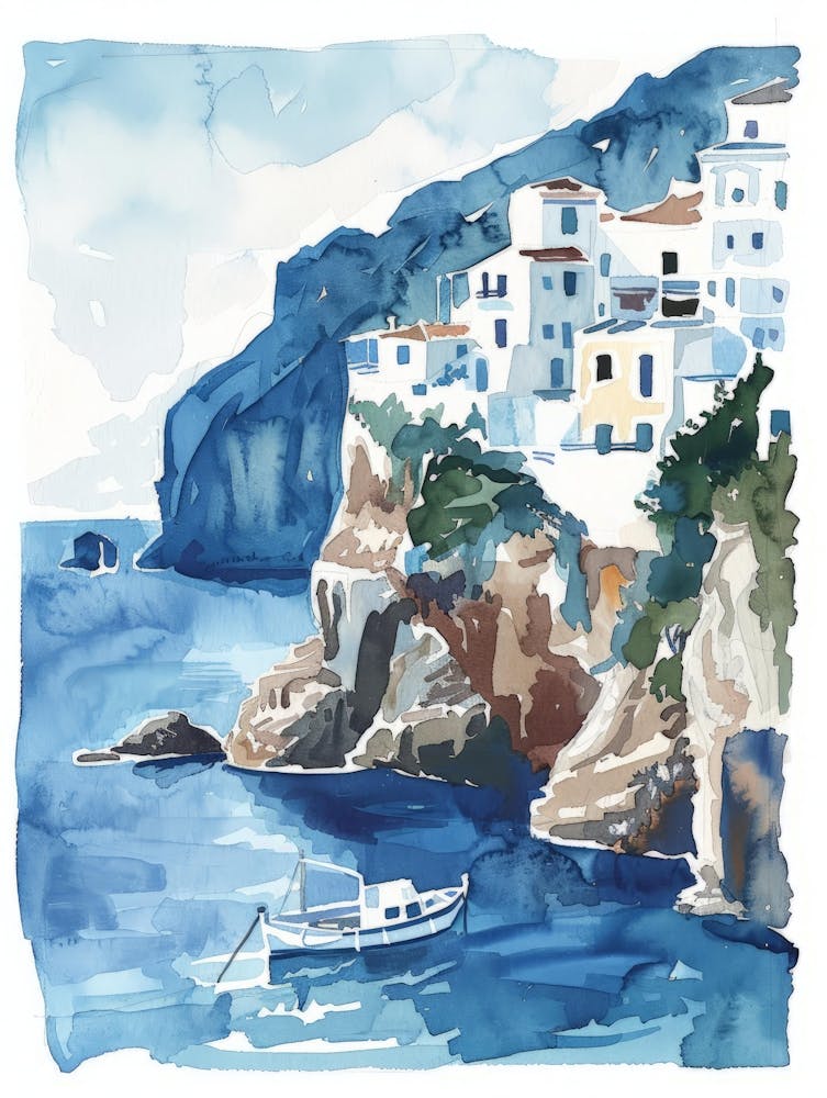 Watercolor Of A Seaside Village
