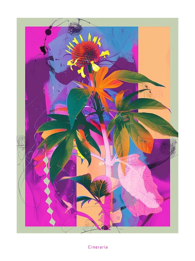 Cineraria 5 Neon Flower Collage Poster