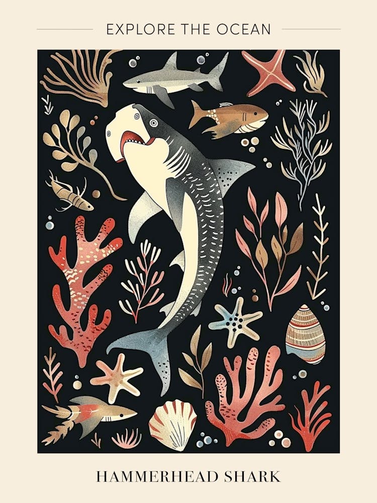 Hammerhead Shark Seascape Black Background Illustration 2 Poster