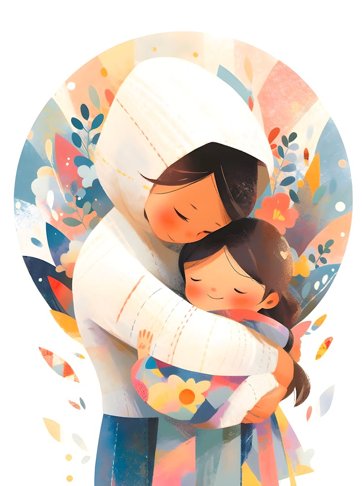 Mother And Daughter Hug Wall Art Warm Family Love Illustration Whimsical Floral Print Emotional Parenthood Decor