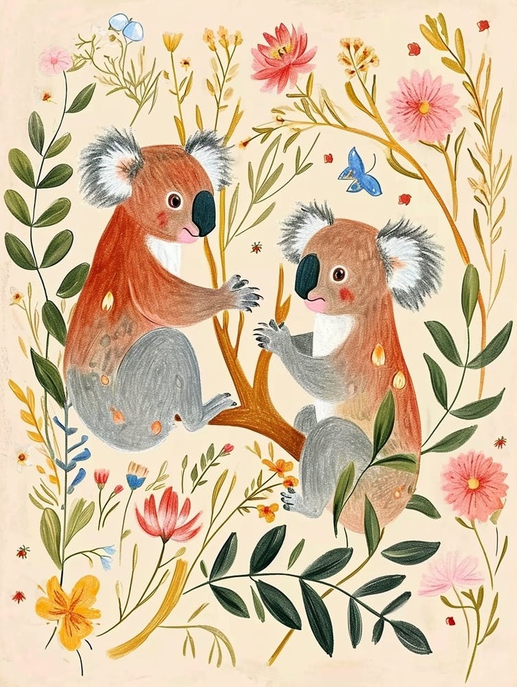 Folksy Floral Animal Drawing Koala 4