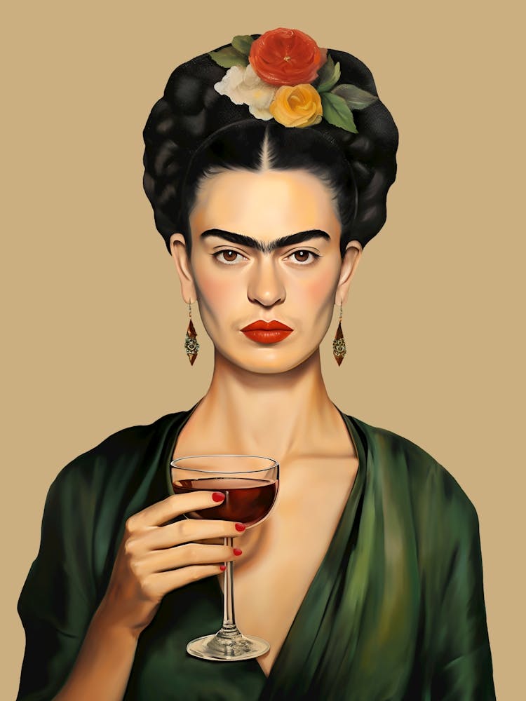 Frida Trinkt Wein, Fotografie beige-grüne Malerei