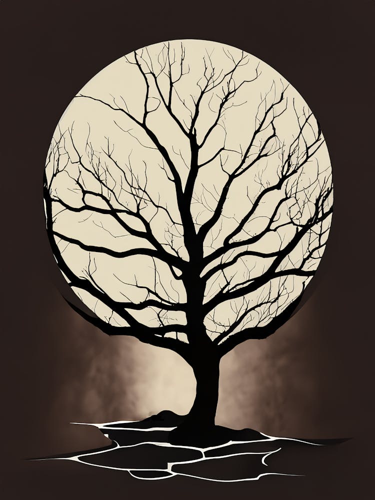 Minimalist Tree Silhouette Against Full Moon