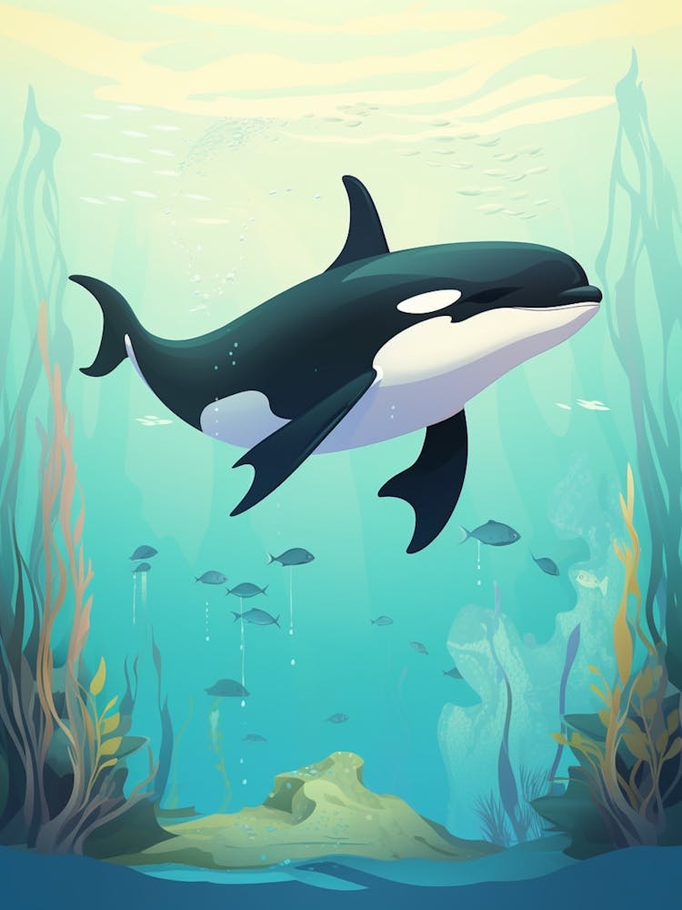 Orca Whale Turquoise Underwater Block Colour Illustration
