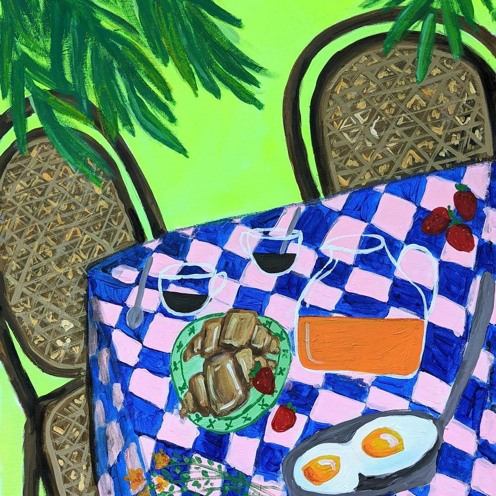 Breakfast under palm trees on bright green color