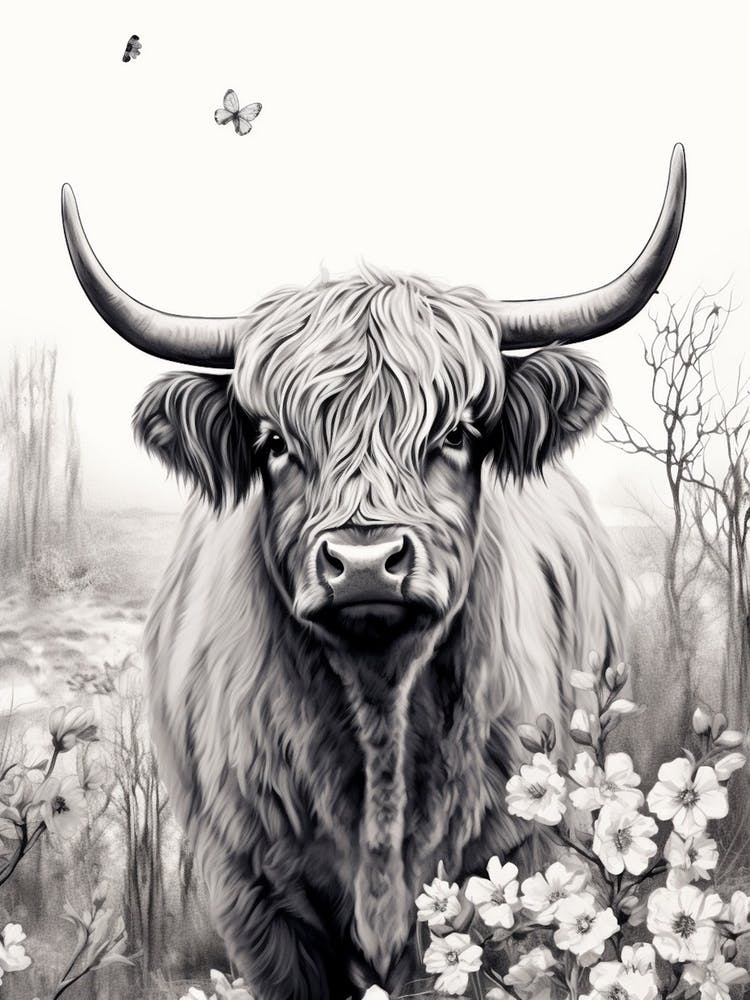 Black & White Illustration Of Highland Cow With Butterflies 2