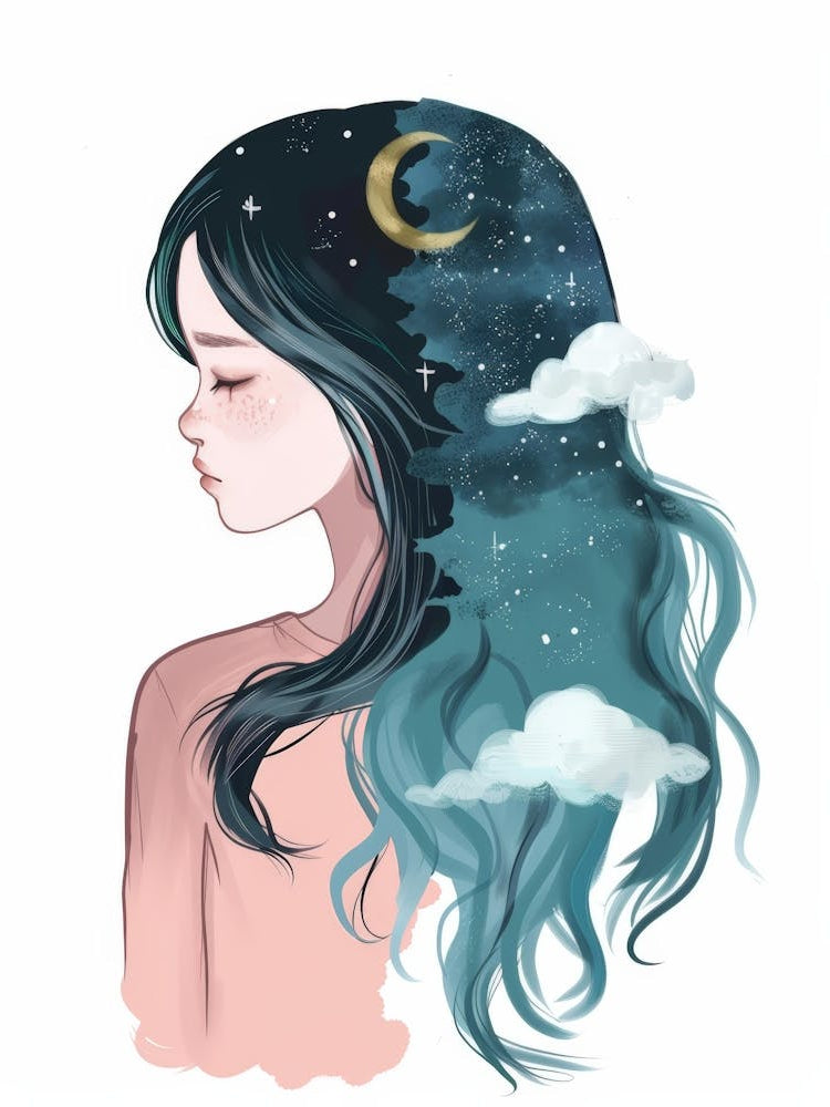 Girl With Moon And Clouds