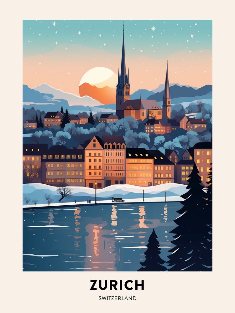 Winter Night  Travel Poster Zurich Switzerland 7