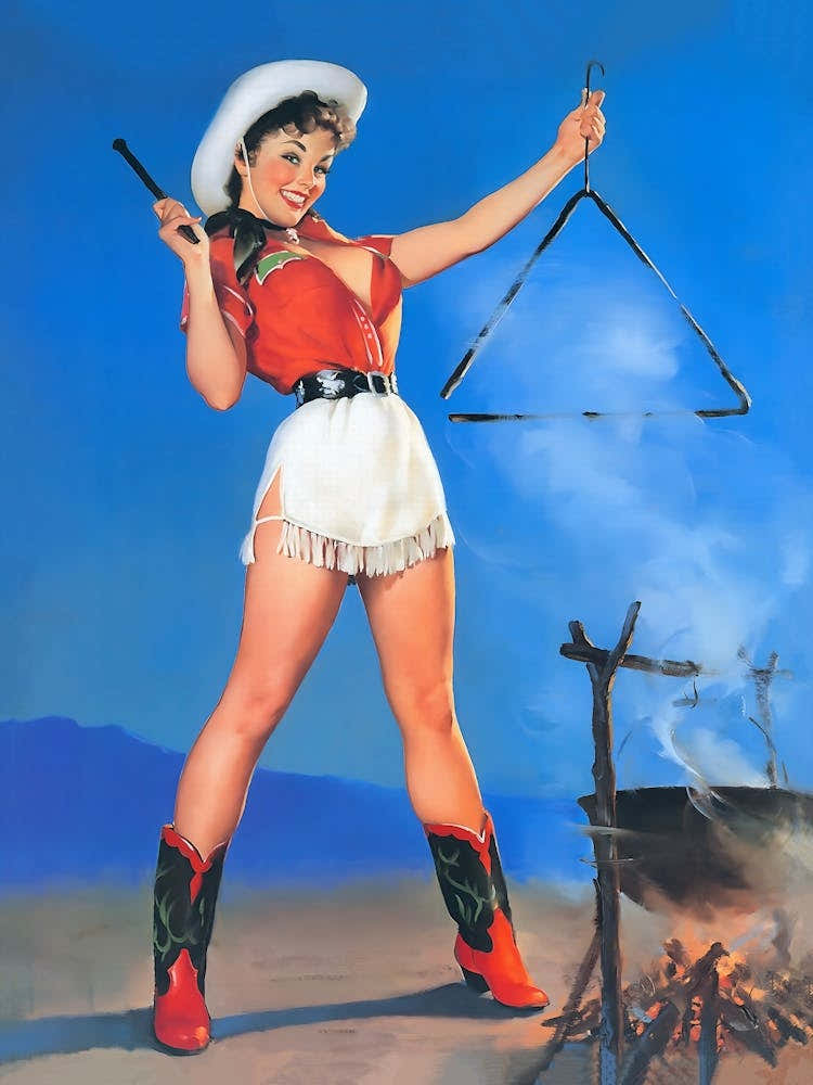 Cowgirl Ringing Triangle for Dinner, Vintage, Retro Western Aesthetic