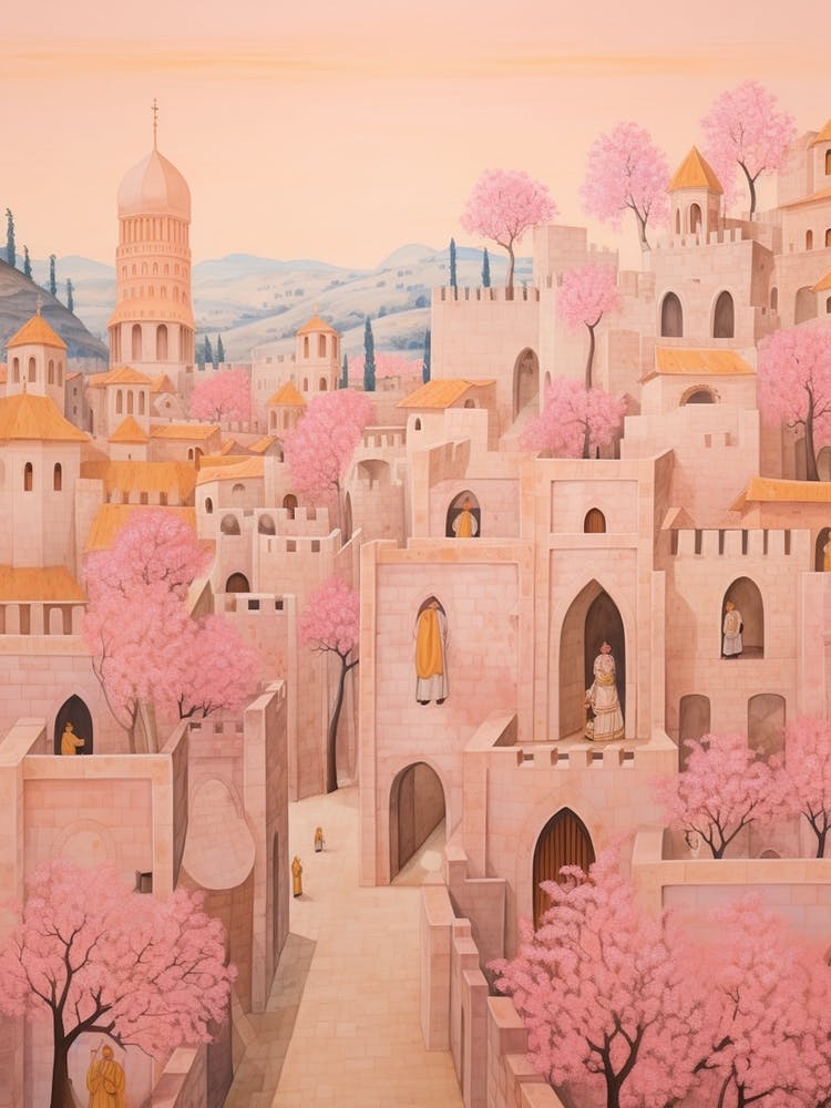 Nazareth Israel 2 Vintage Pink Travel Illustration