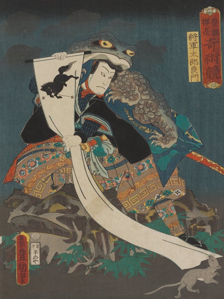 Figure Climbing On A Rock, With A Very Large Frog On His Back With The Frog S Chin Resting On The Man S Head, Wearing