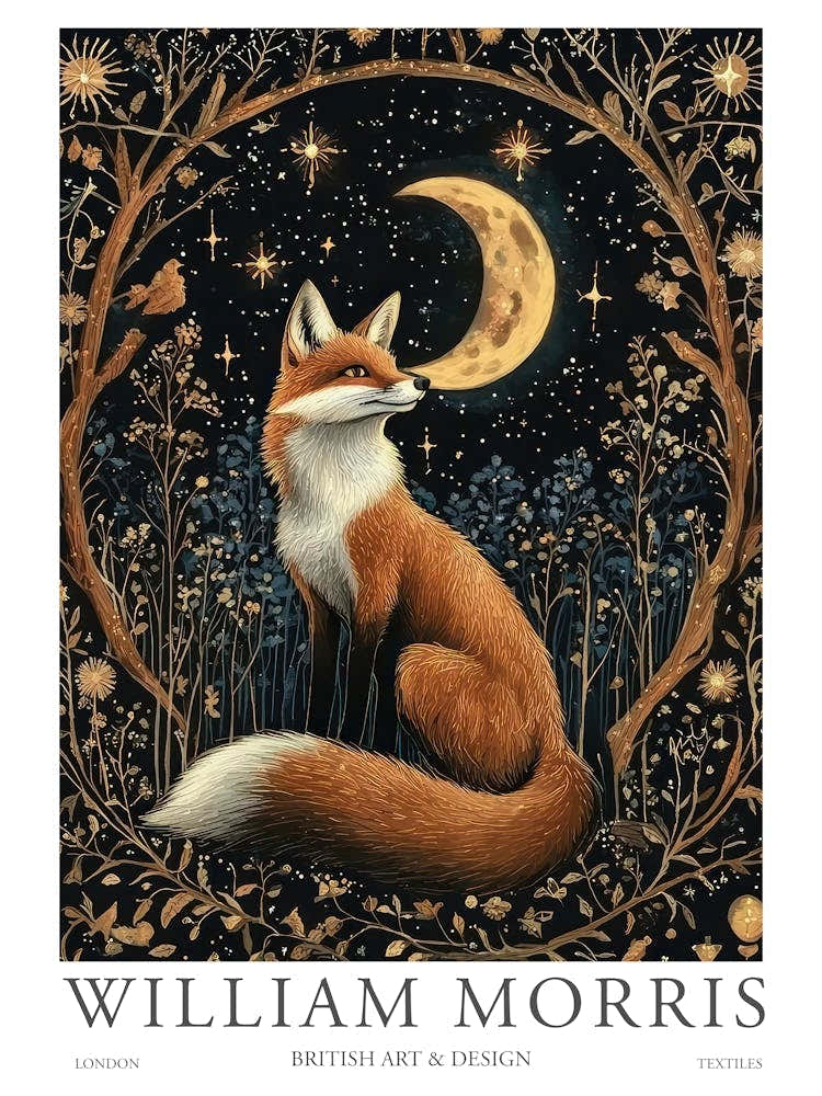 William Morris Night Fox Moon Botanical Pint Museum Poster Morris Exhibition Poster Painting Fox