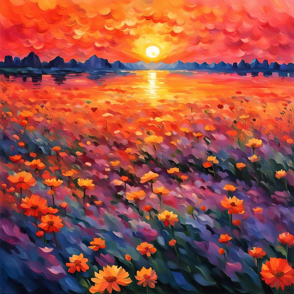 Beautiful Sunset and Field of Colorful Flowers