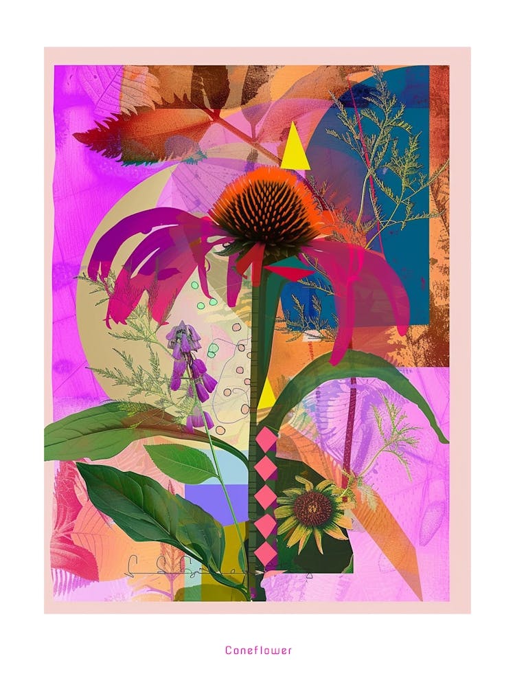 Coneflower 4 Neon Flower Collage Poster