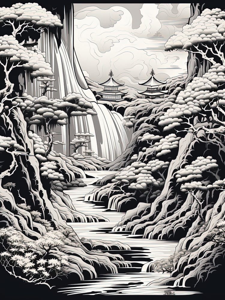 Nachi Falls In Wakayama, Ukiyo E Black And White Line Art Drawing 2