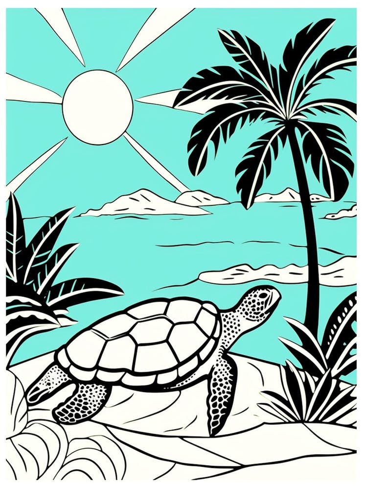 Modern Digital Sea Turtle Illustration Palm Trees 6