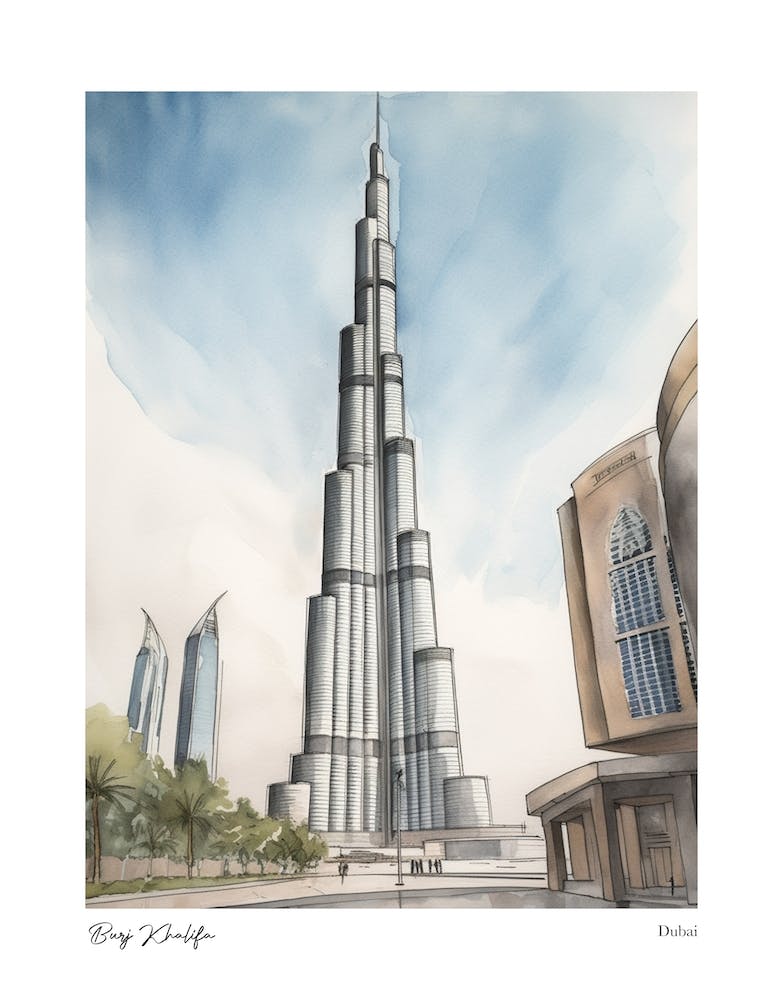 Burj Khalifa Dubai 1 Watercolour Travel Poster