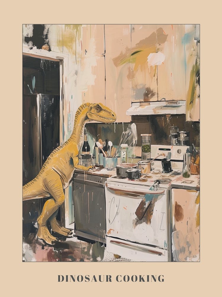 Dinosaur Cooking In The Kitchen Pastel Painting 1 Poster