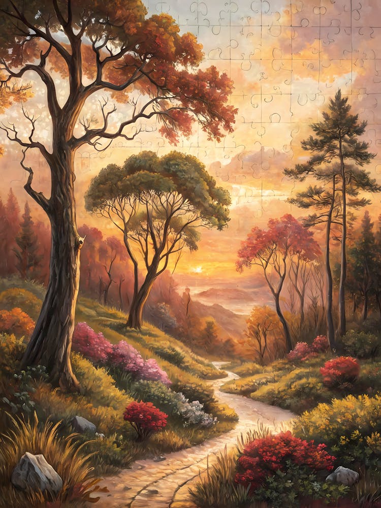Oil Painting Style Sunset Woodland Path Autumn Landscape & Glowing Trees