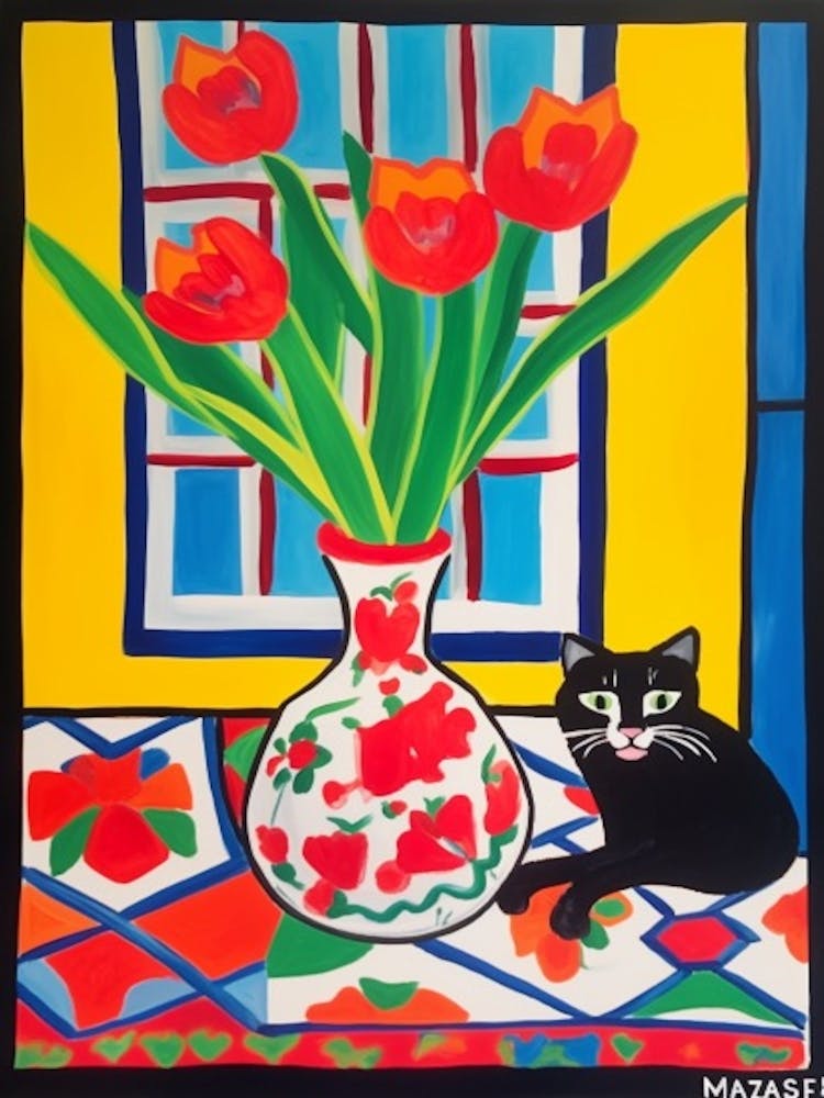 Painting Of A Still Life Of A Tulips With A Cat In The Style Of Matisse 2