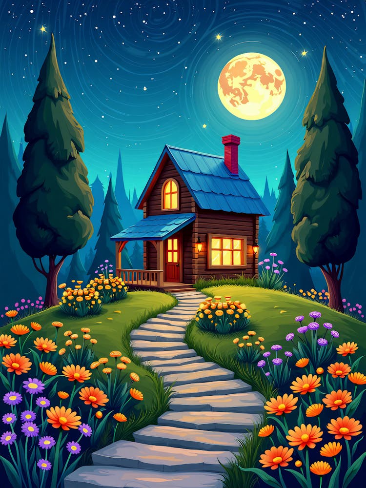 A Beautiful Wooden House Moon Night Landscape V 01