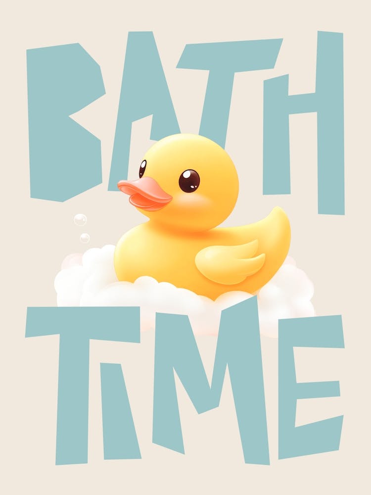Cute Rubber Duck Pastel Bathroom Art for Kids, Light Blue Bath Time Poster Rubber Ducky Wall Print for Nursery or Playroom, Funny wall art for Bathroom Decor
