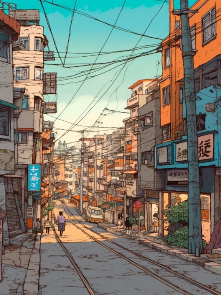 Painting Of Seoul South Korea In The Style Of Line Art 1