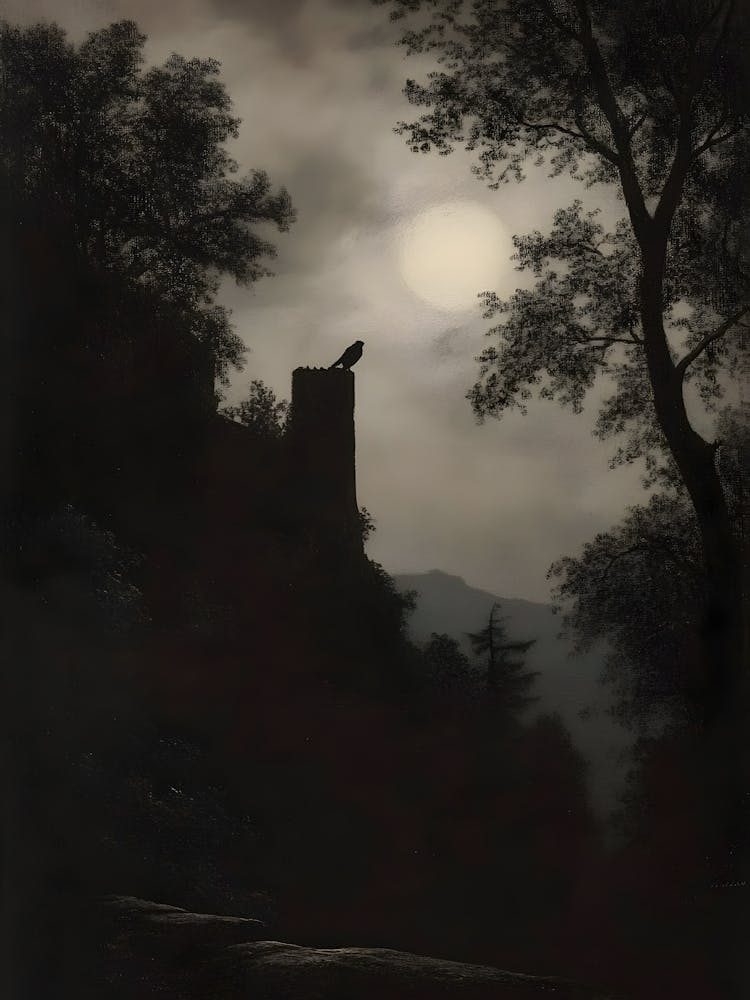 Dunkle Gotische Krähe bei Nacht