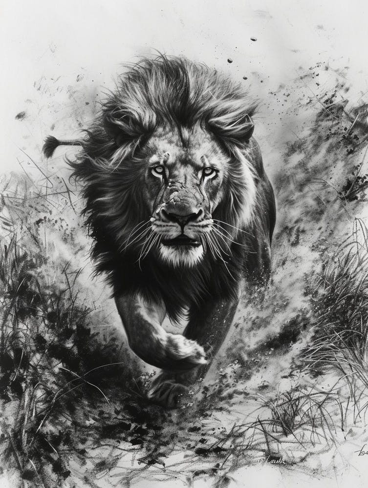 Barbary Lion Charcoal Drawing Hunting 3