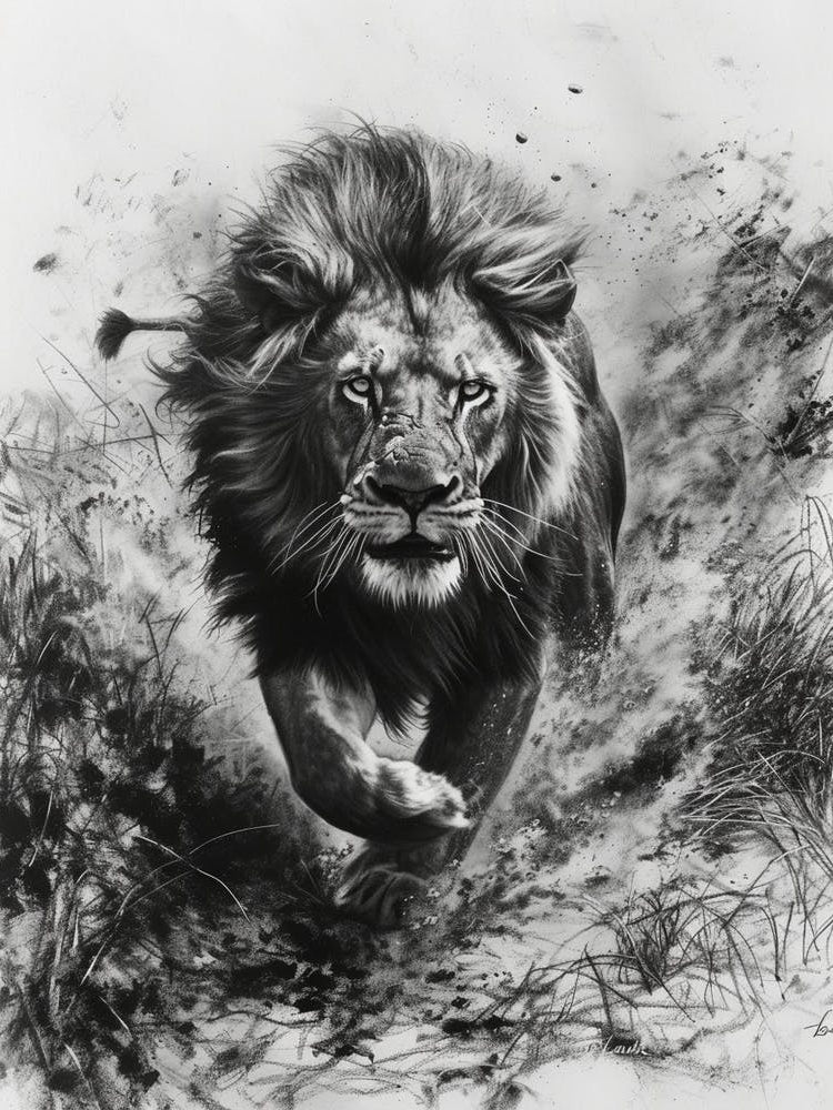 Barbary Lion Charcoal Drawing Hunting 3